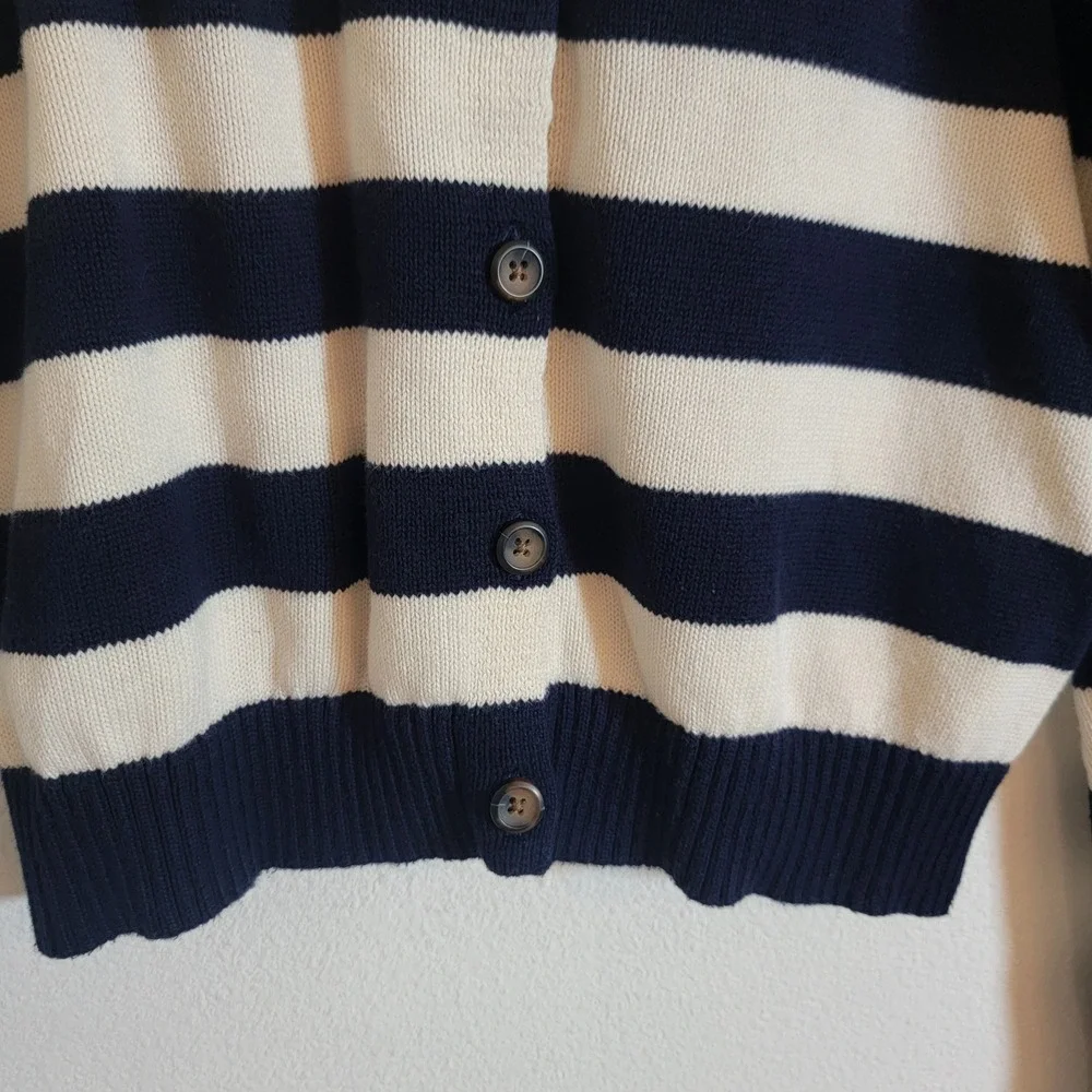 John Galt Stripe Amalie Button Front Cardigan Cotton Nautical Navy Blue Cream OS